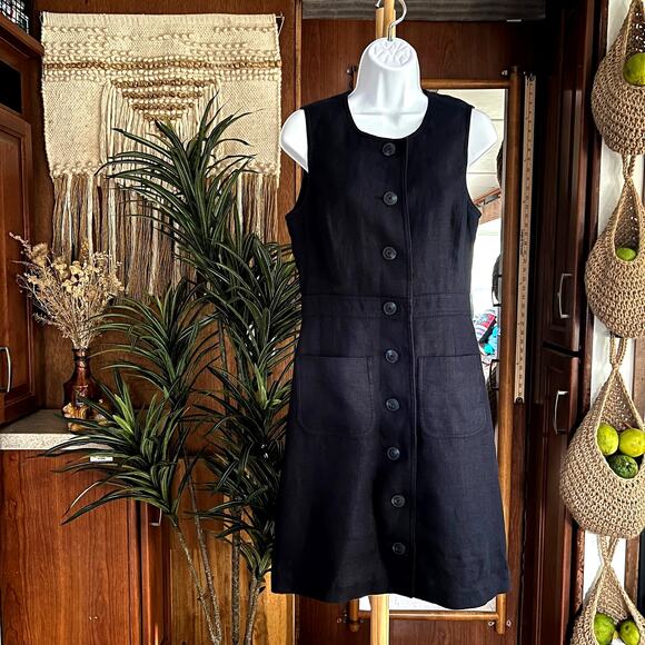 Tory Burch Navy Linen Shift Dress 6 | Sleeveless Button Front Classic Pockets - Picture 1 of 7